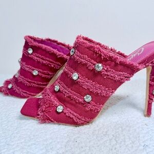 Cape Robbin Pink 4" Stiletto Heels Frayed Pink Fabric Straps &.Crystals Studs